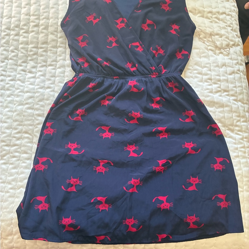 Navy Blue Dress with Hot Pink Cat Print Kitty Kitties Graphic Pattern